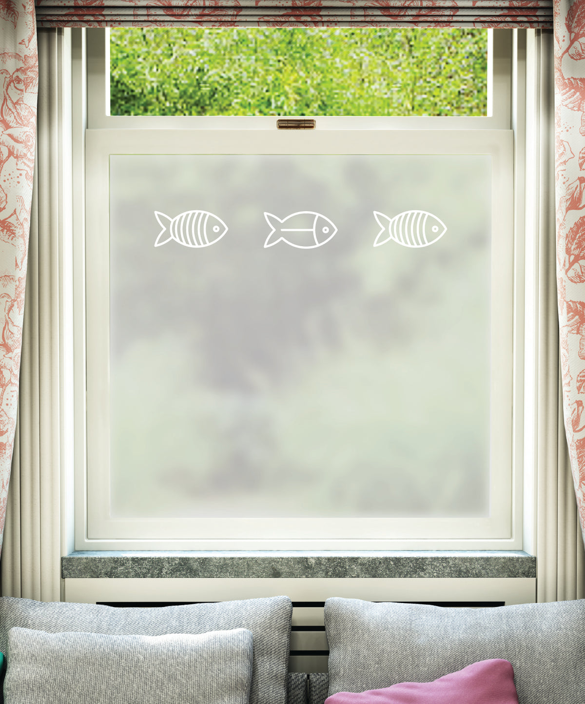 White printed frosted window film with Fisk fish pattern.
