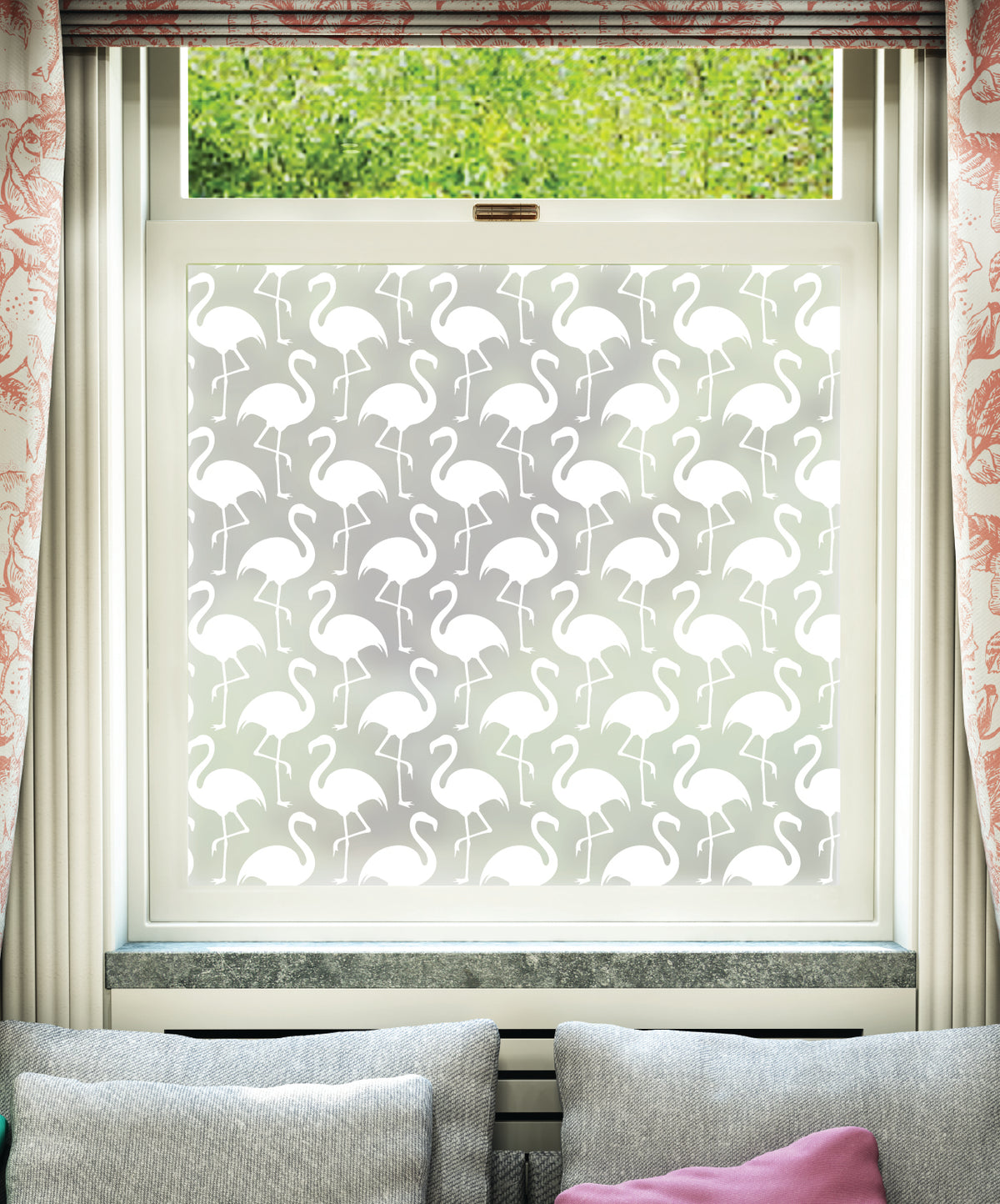 White printed frosted window film with Flamenco flamingo pattern.