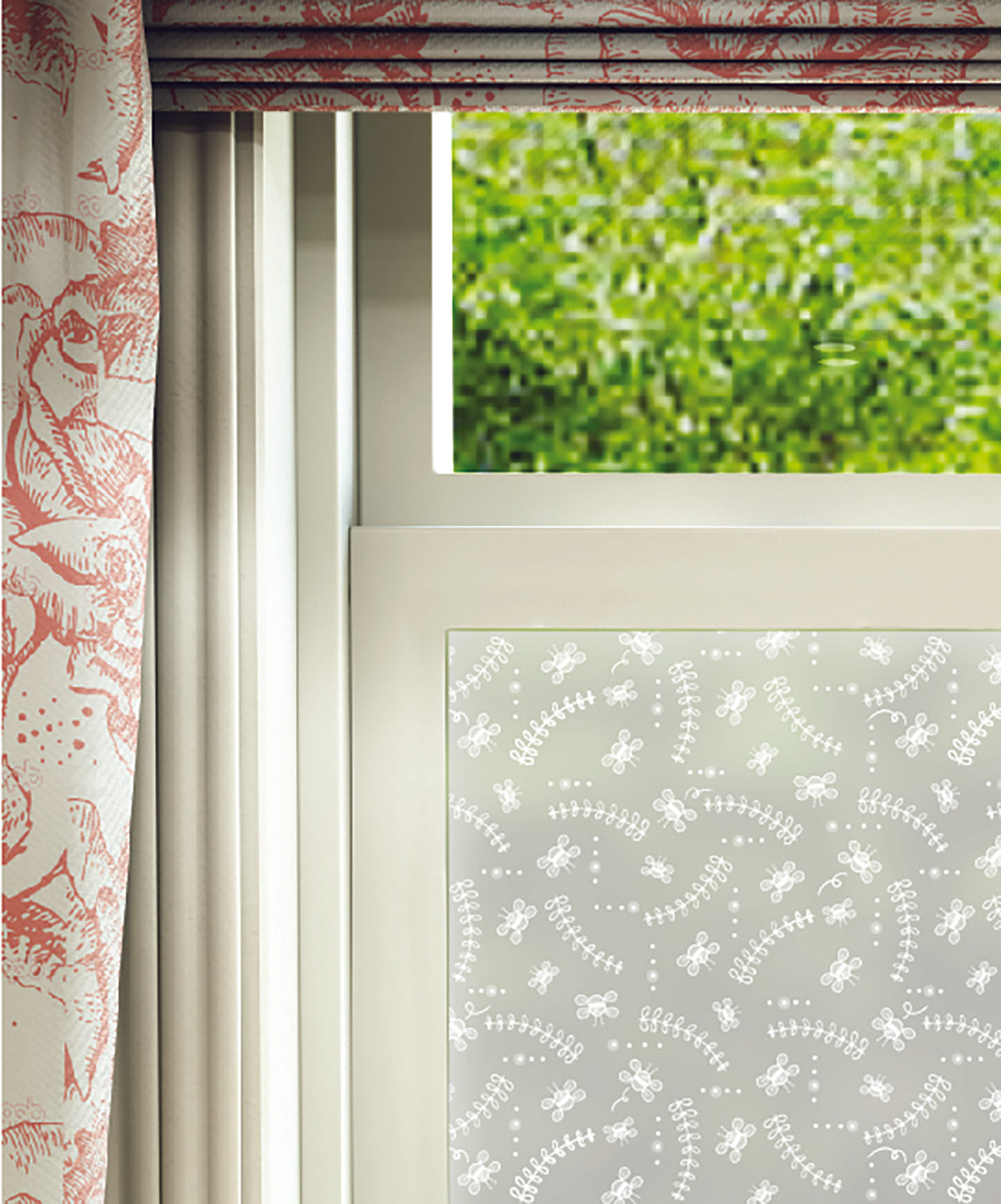 Close-up of Floaty Bee hand-drawn frosted window film pattern by Helen Russell Creations.