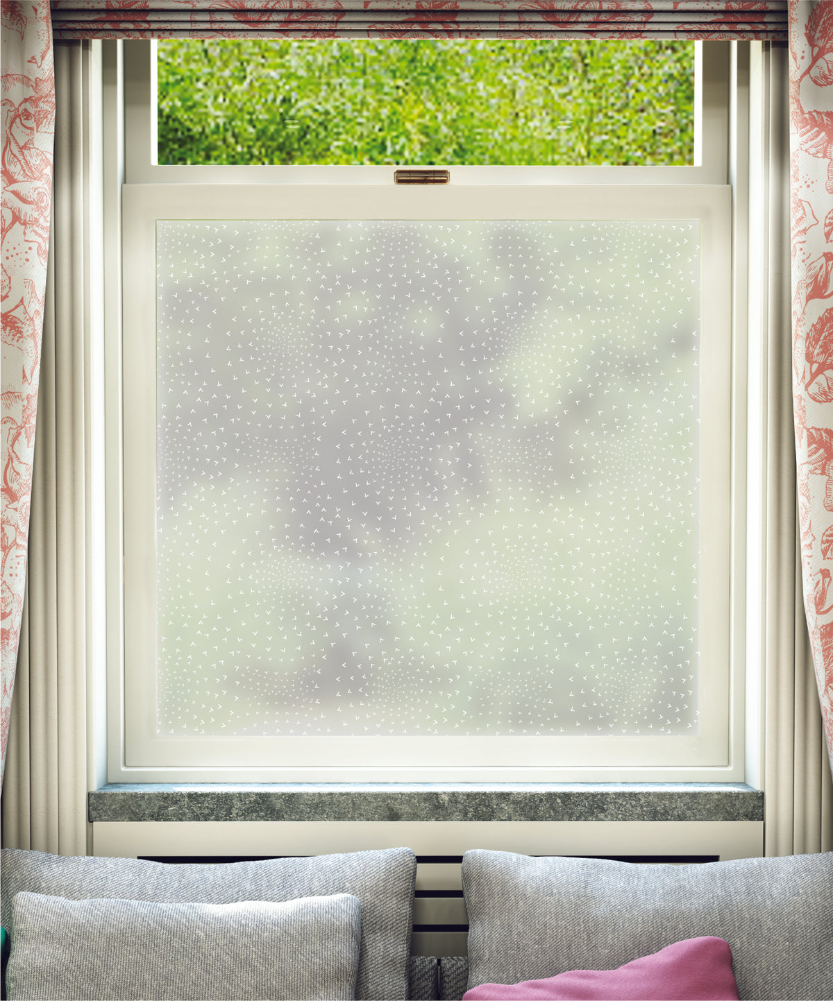 White printed frosted window film with Flocking Birds birds pattern by designer JoJo CoCo.