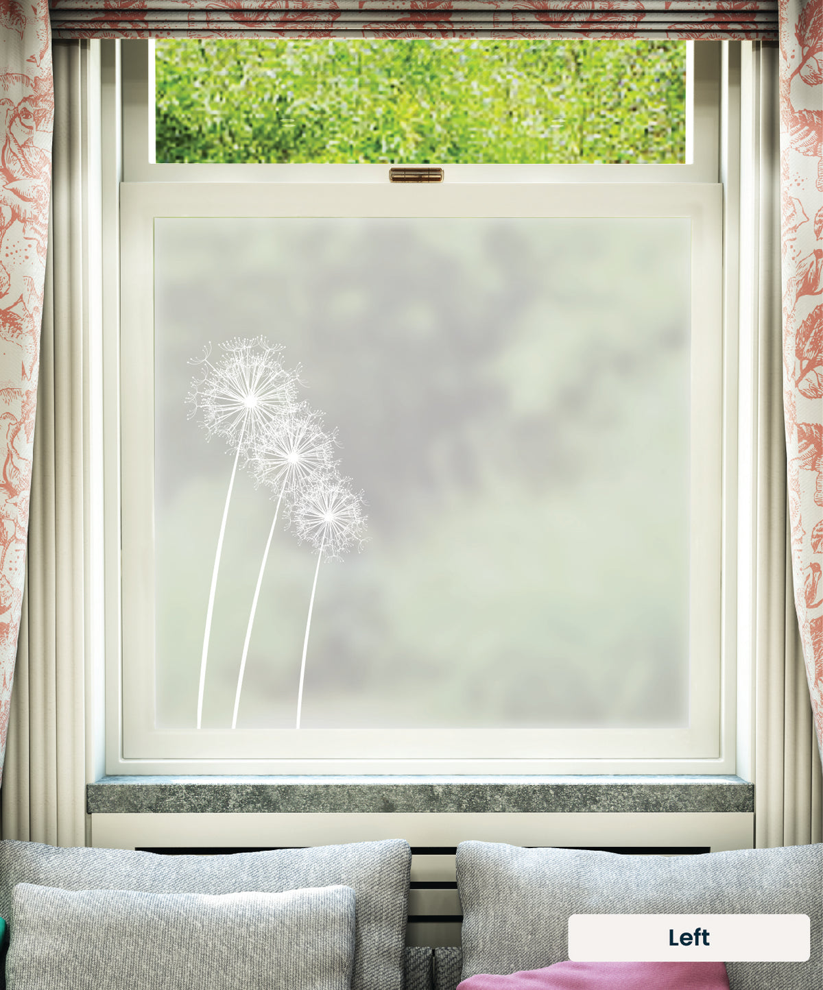 White printed frosted window film with Florales floral pattern on the left.