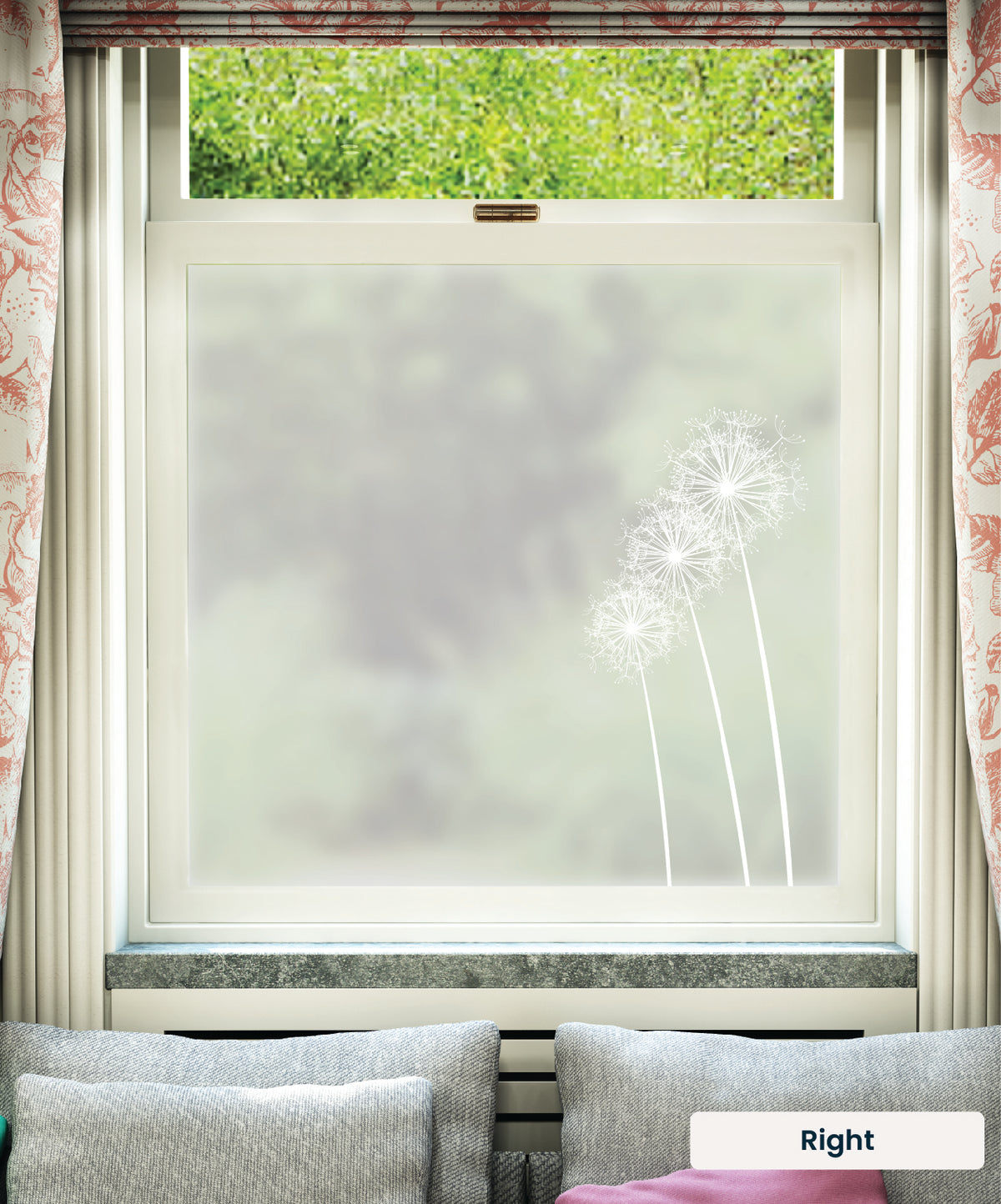 White printed frosted window film with Florales floral pattern on the right.