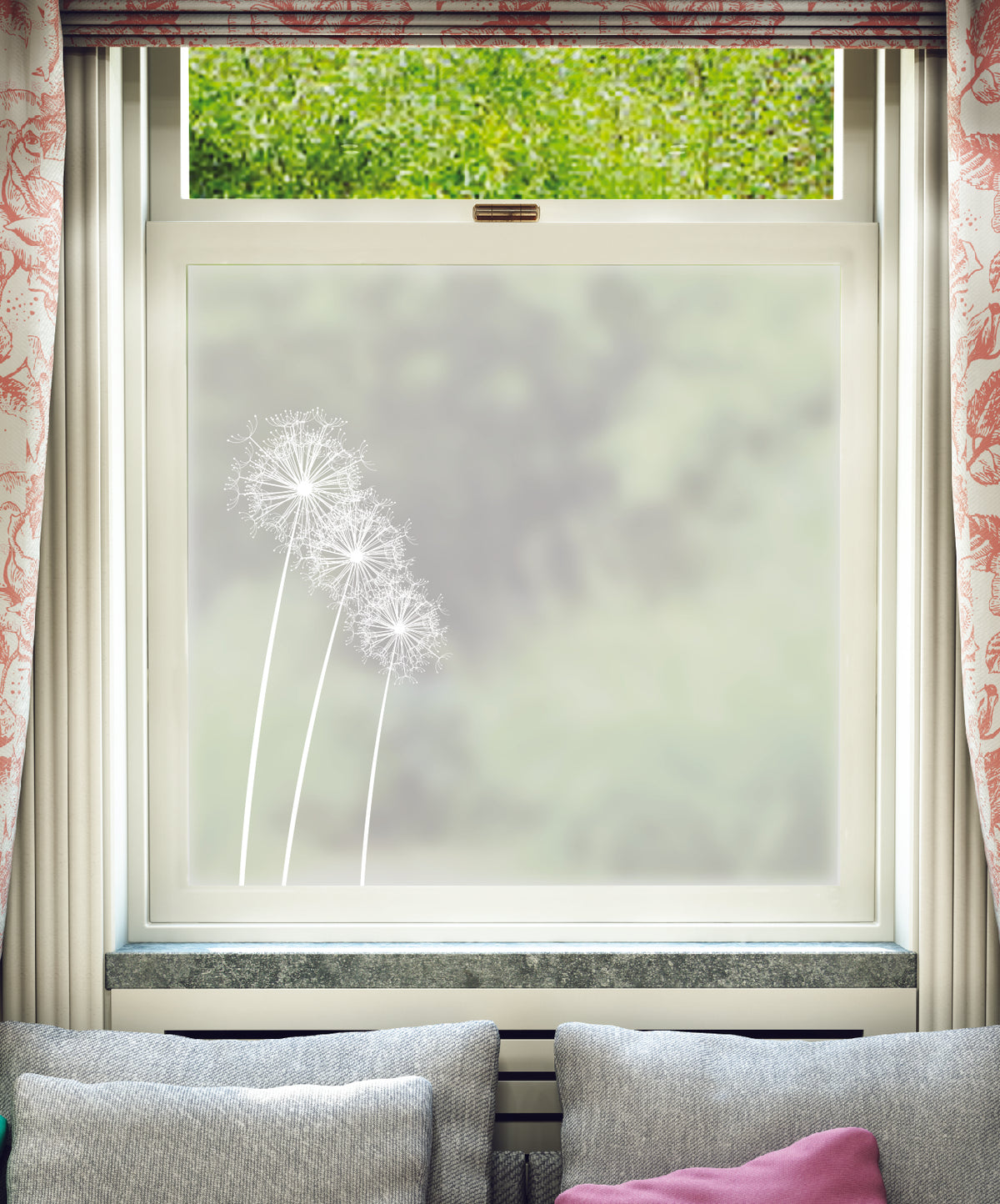 White printed frosted window film with Florales floral pattern.