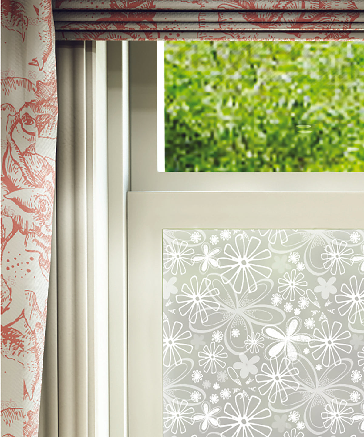 Close-up of Flower Pop hand-drawn frosted window film pattern by Helen Russell Creations.