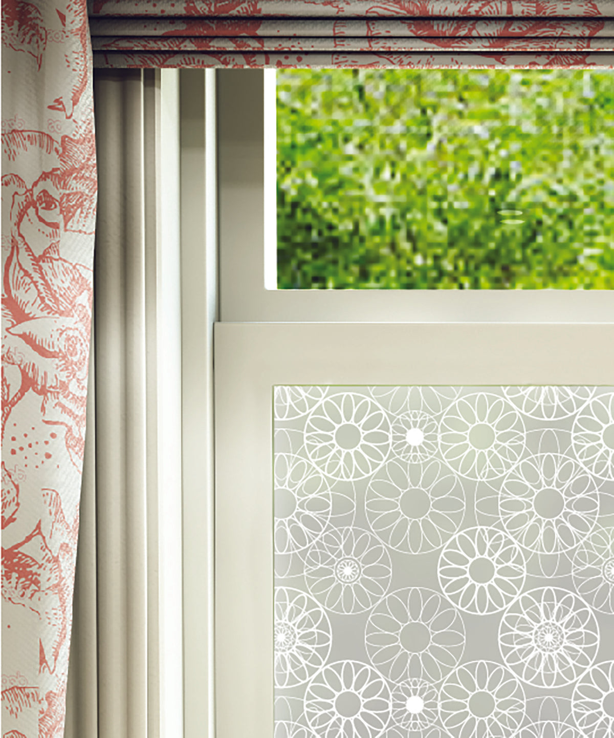 Close-up of Flower Wheels hand-drawn frosted window film pattern by Helen Russell Creations.
