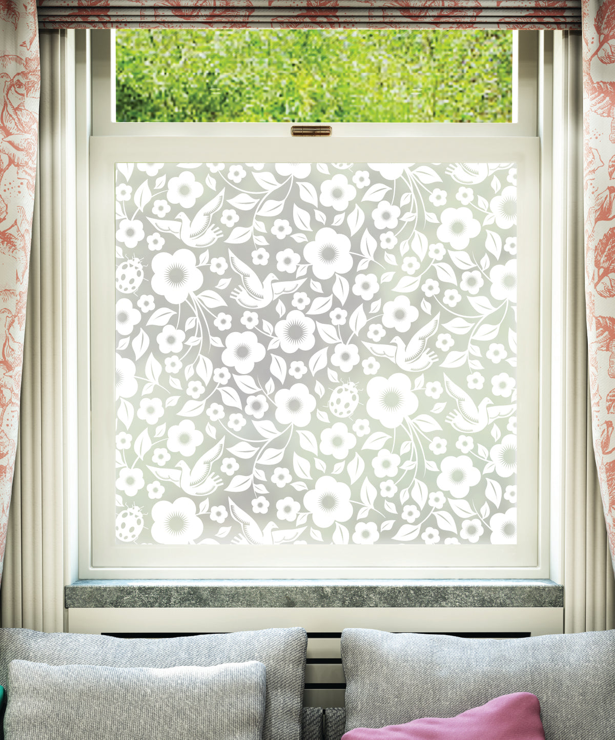 White printed frosted window film with Folk Rock flower pattern by designer Mini Moderns.