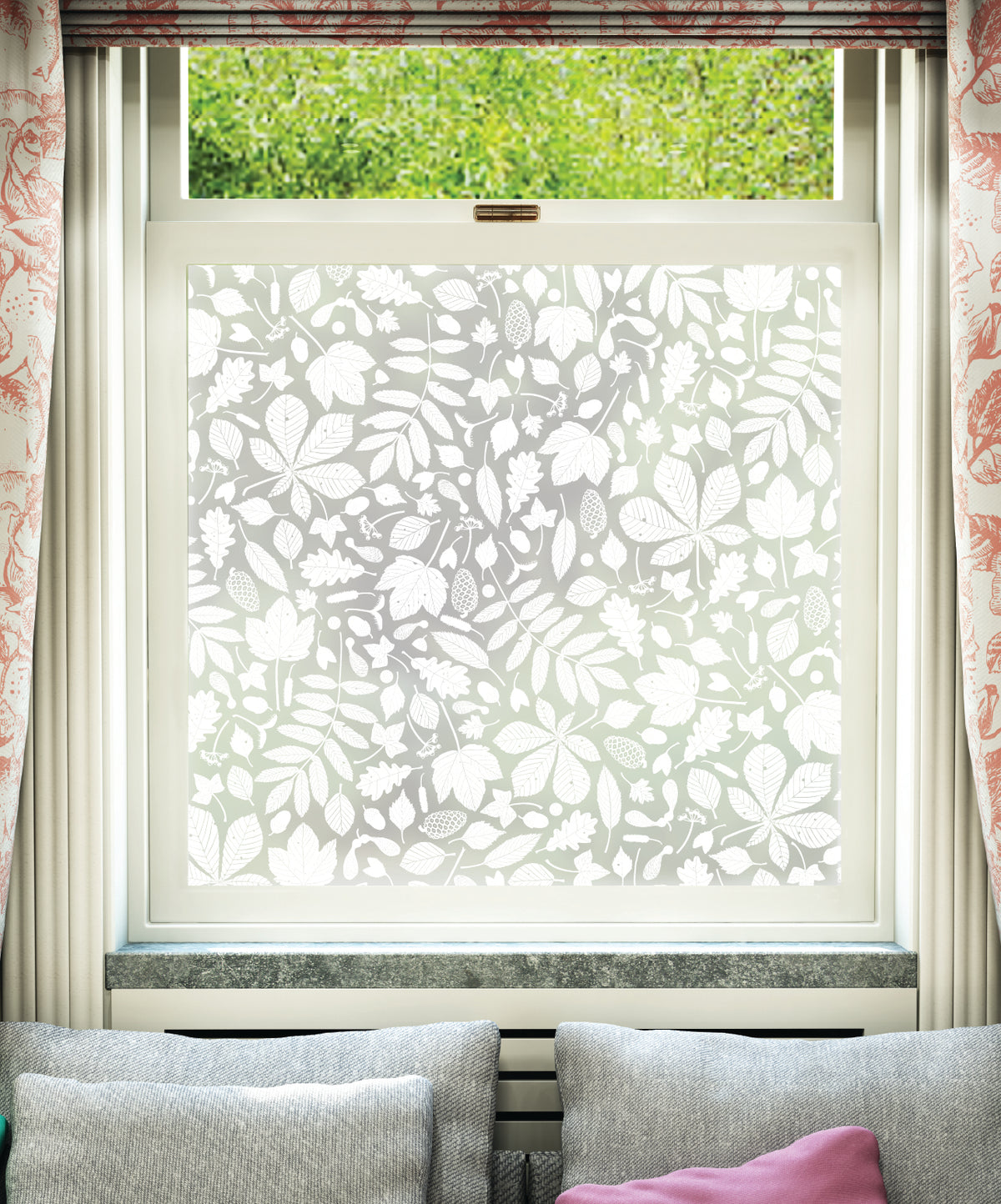 White printed frosted window film with Forest Floor fallen leaves pattern by designer Hannah Nunn.