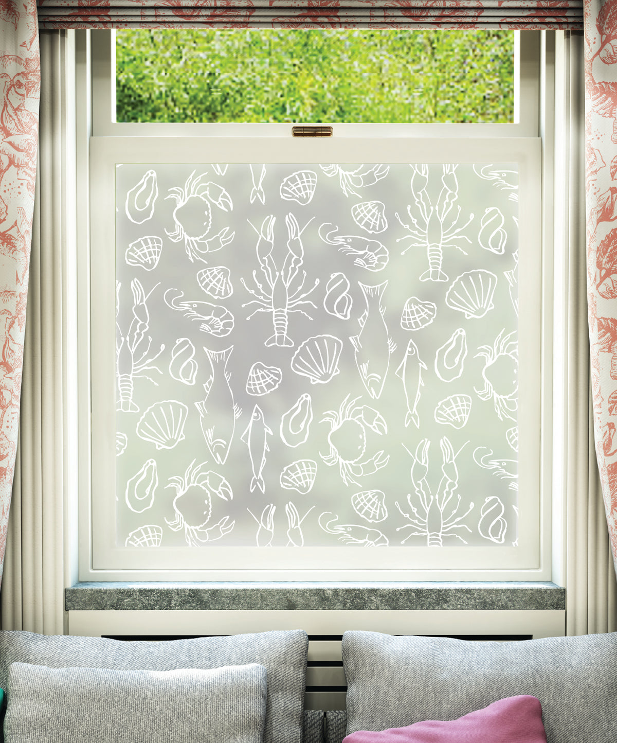 White printed frosted window film with Frutti di Mare seafood pattern by designer Mini Moderns.