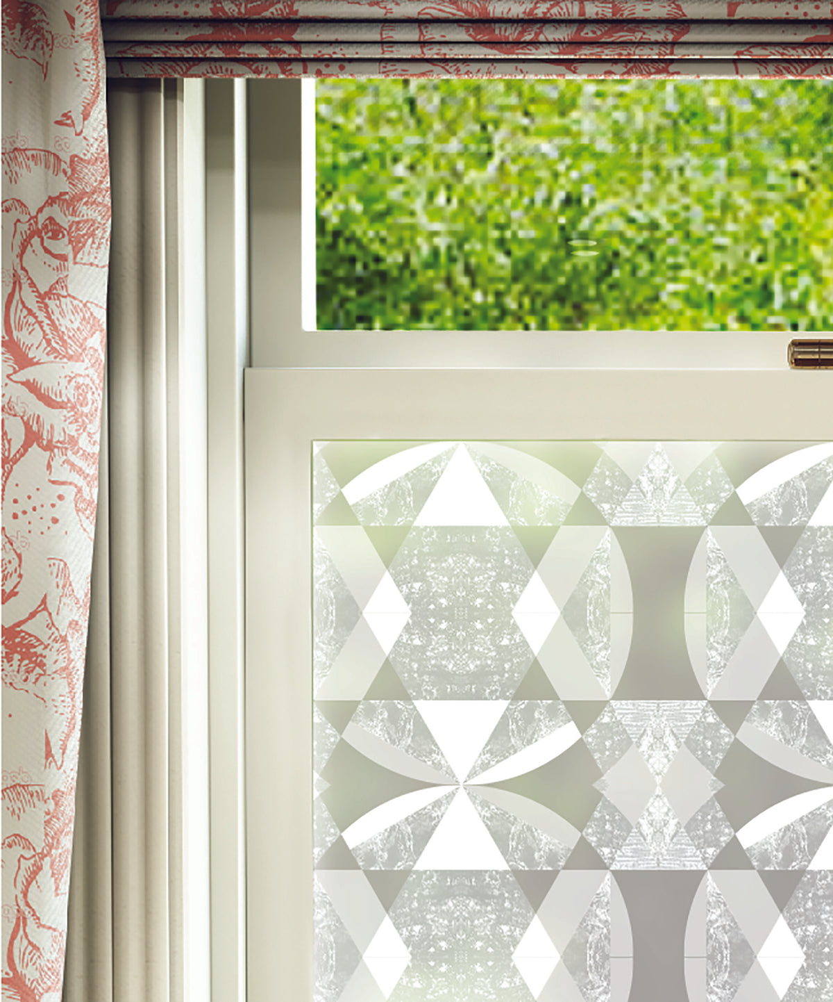 Close-up of Geode geometric abstract frosted window film pattern by designer Lindsey Lang.