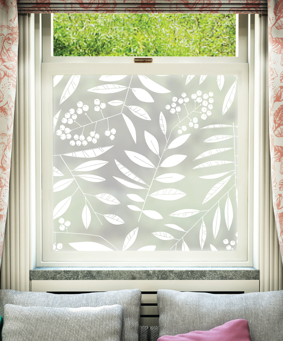 White printed frosted window film with Grand Leaf Berry pattern by designer MissPrint.