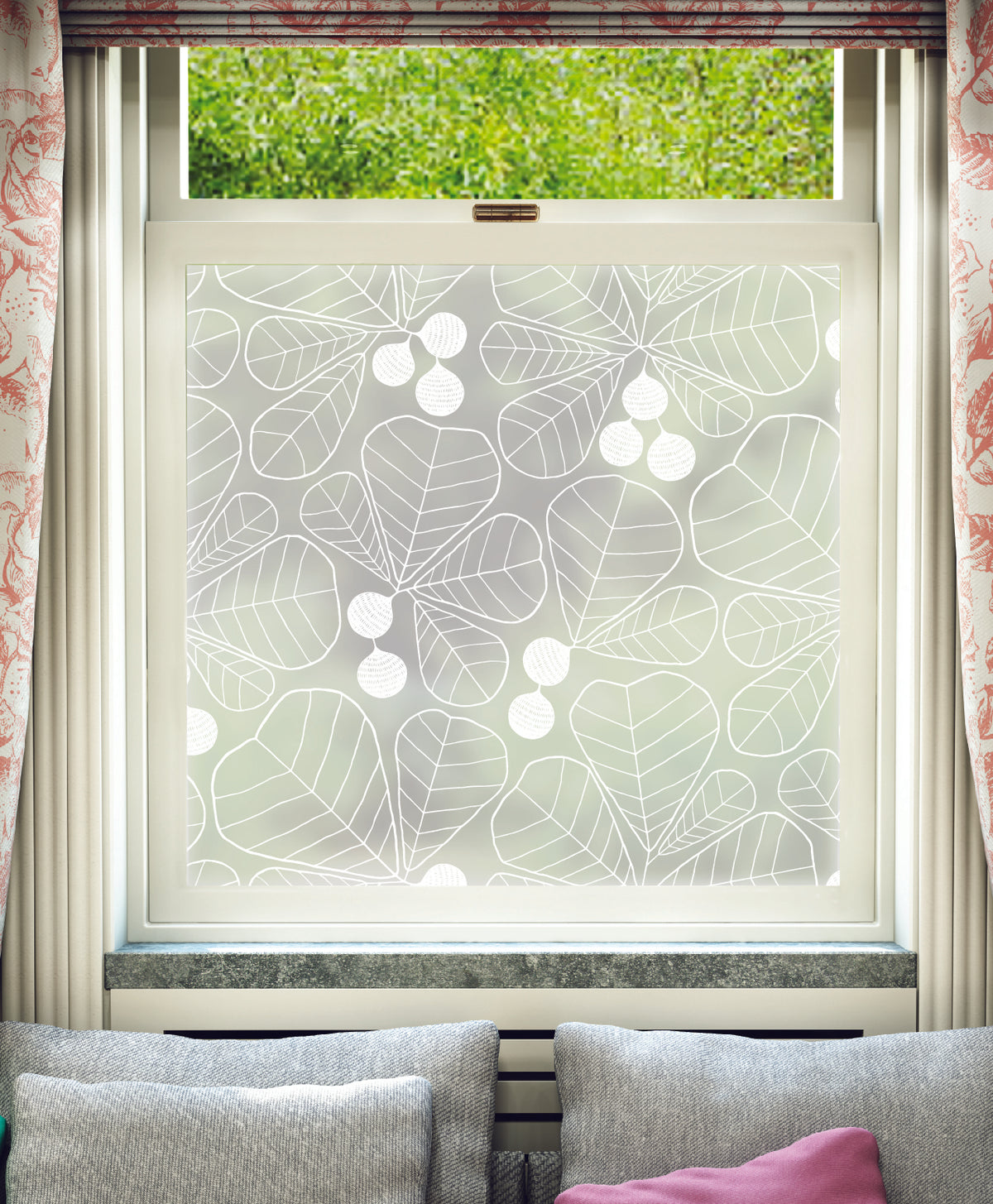 White printed frosted window film with Grand Leaf pattern by designer MissPrint.