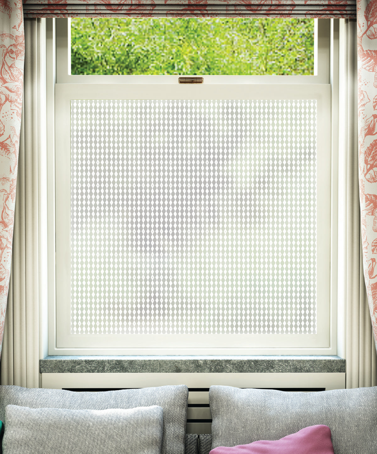 White printed frosted window film with Harlequin geometric abstract pattern by designer Kate Farley.