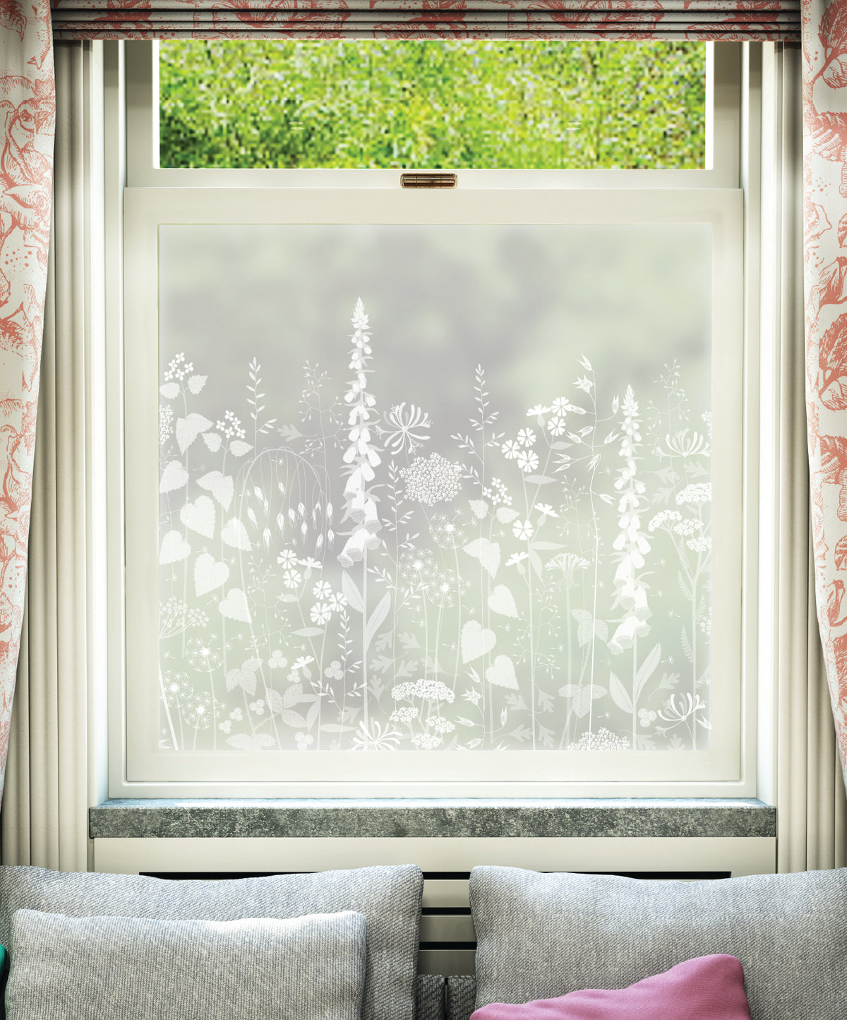 White printed frosted window film with Hedgerow hedgerow plants pattern by designer Hannah Nunn.
