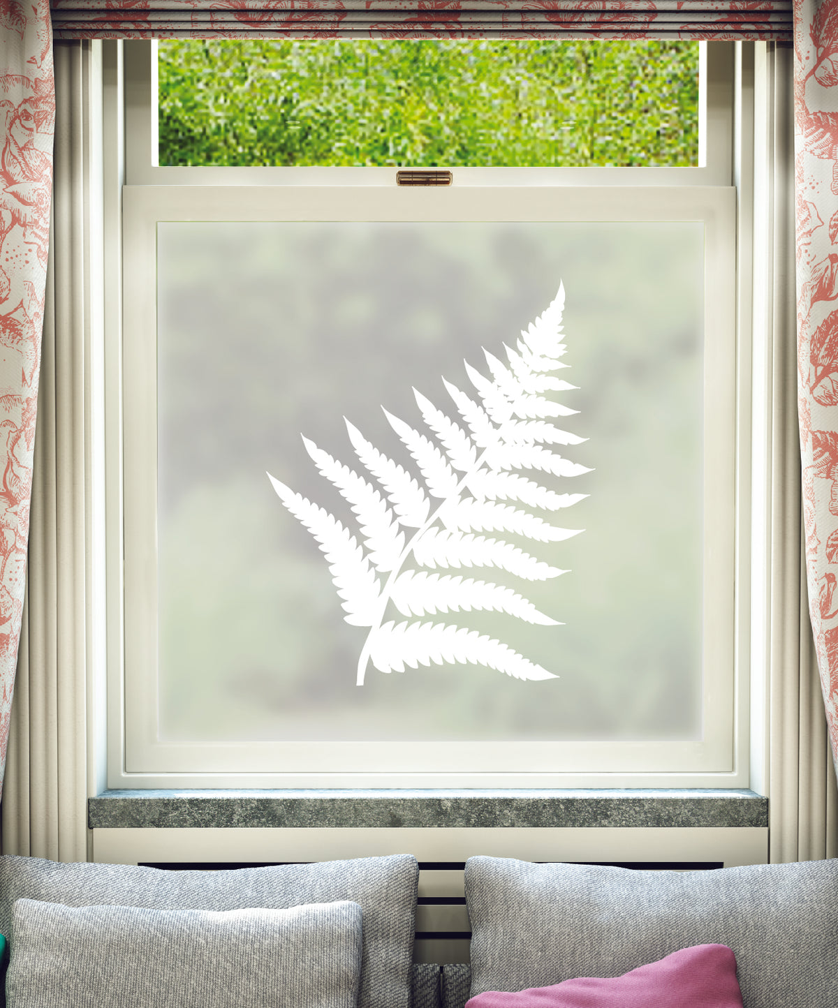 White printed frosted window film with Helecho fern leaf pattern.