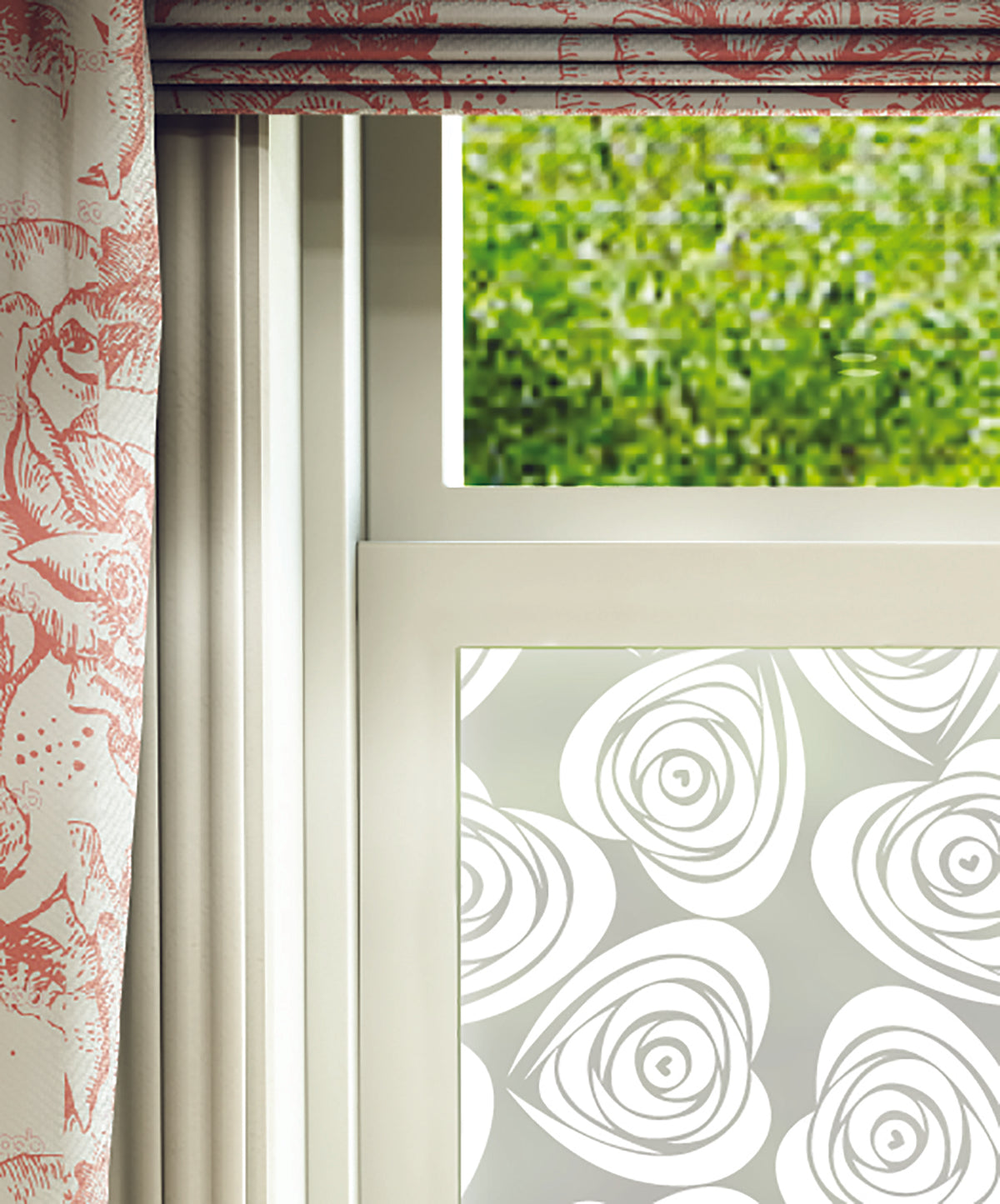 Close-up of Herzen rose heart white printed frosted window film pattern.