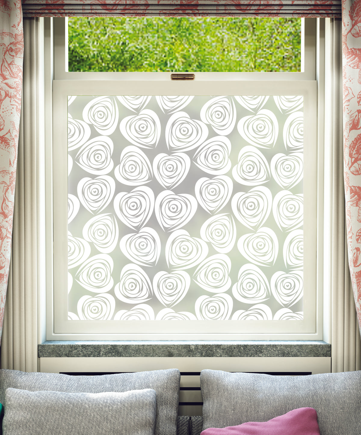 White printed frosted window film with Herzen rose heart pattern.