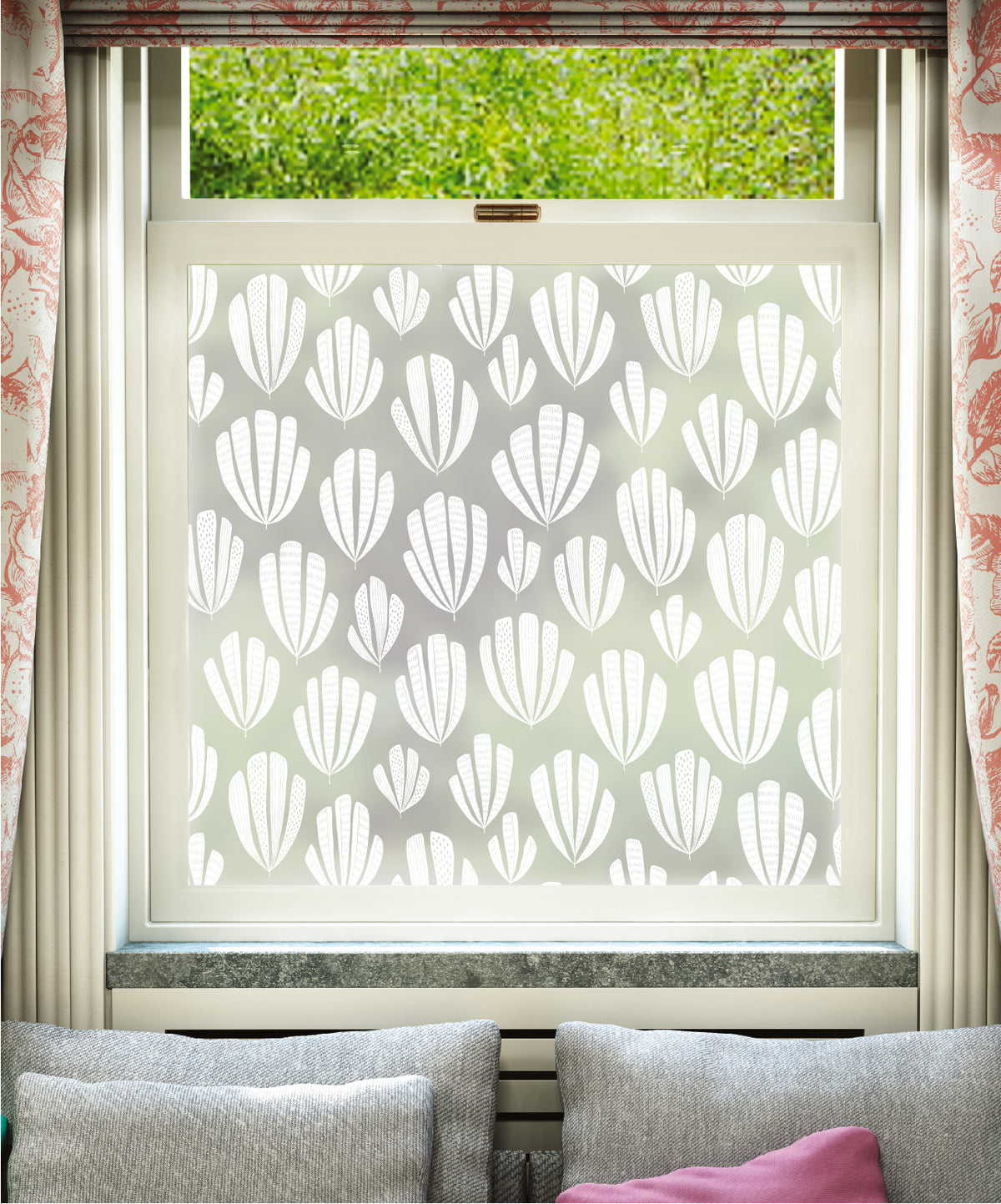 White printed frosted window film with Hoja pattern by designer MissPrint.