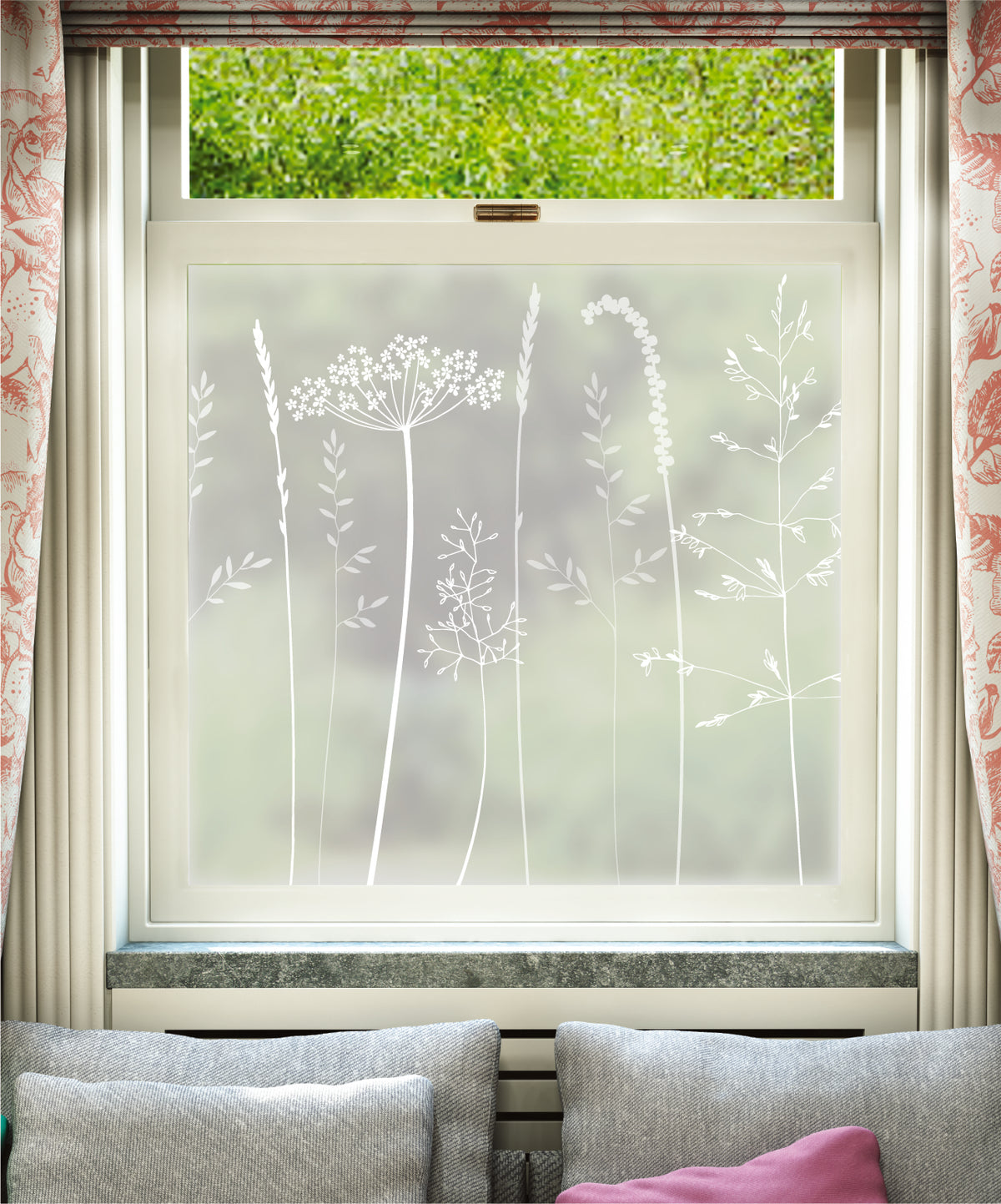 White printed frosted window film with In the Tall Grass flowers and grasses pattern by designer Hannah Nunn.