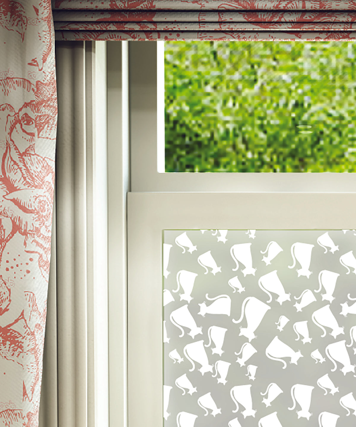 Close-up of Katte cat white printed frosted window film pattern.
