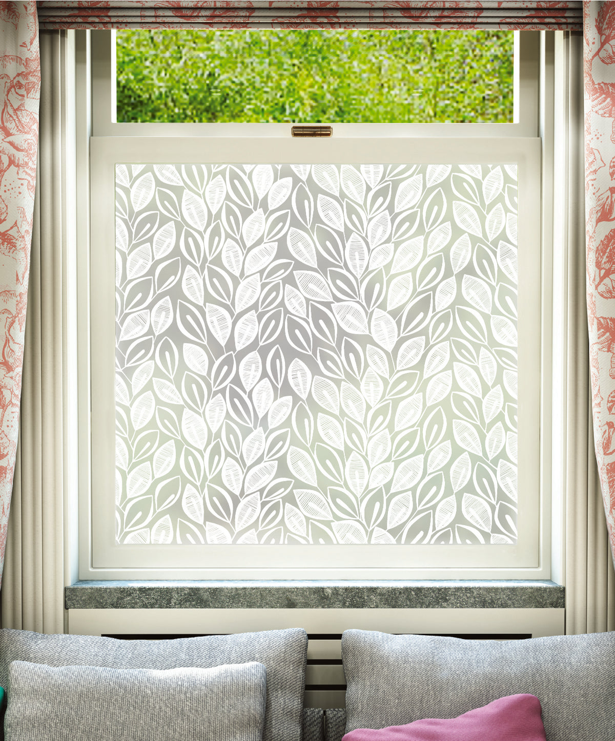 White printed frosted window film with Leaves pattern by designer MissPrint.