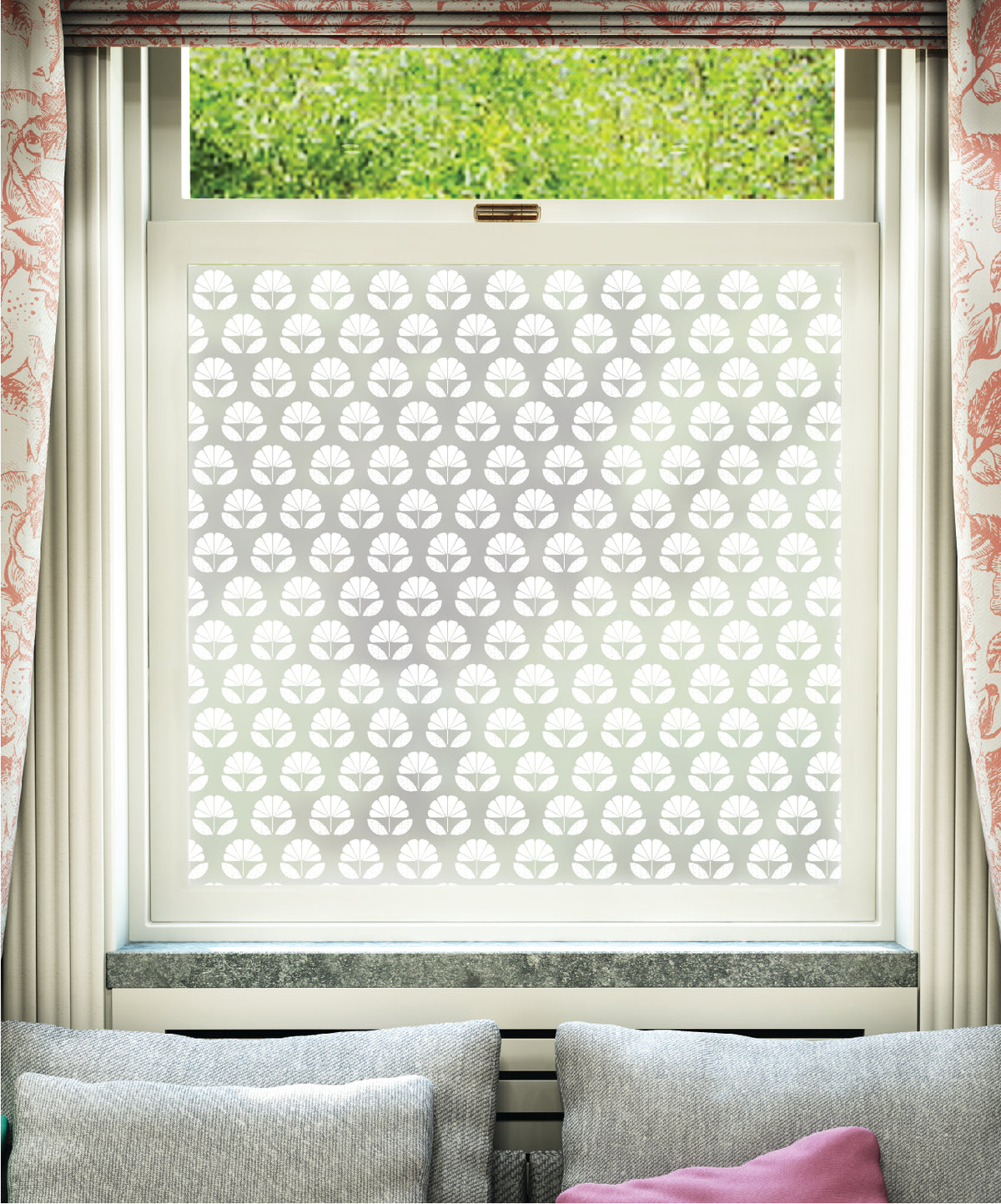 White printed frosted window film with Linnea Floral floral pattern by designer JoJo CoCo.