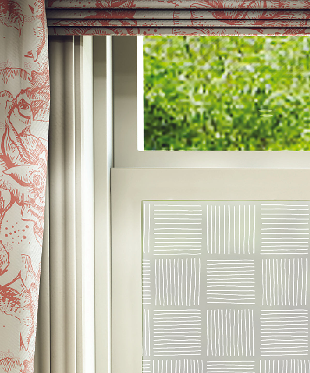 Close-up of Linya line white printed frosted window film pattern.