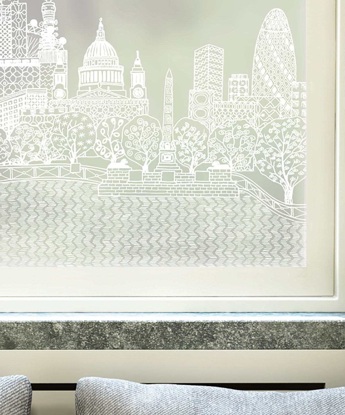Close-up of London Calling hand-drawn London skyline frosted window film pattern by Charlene Mullen.