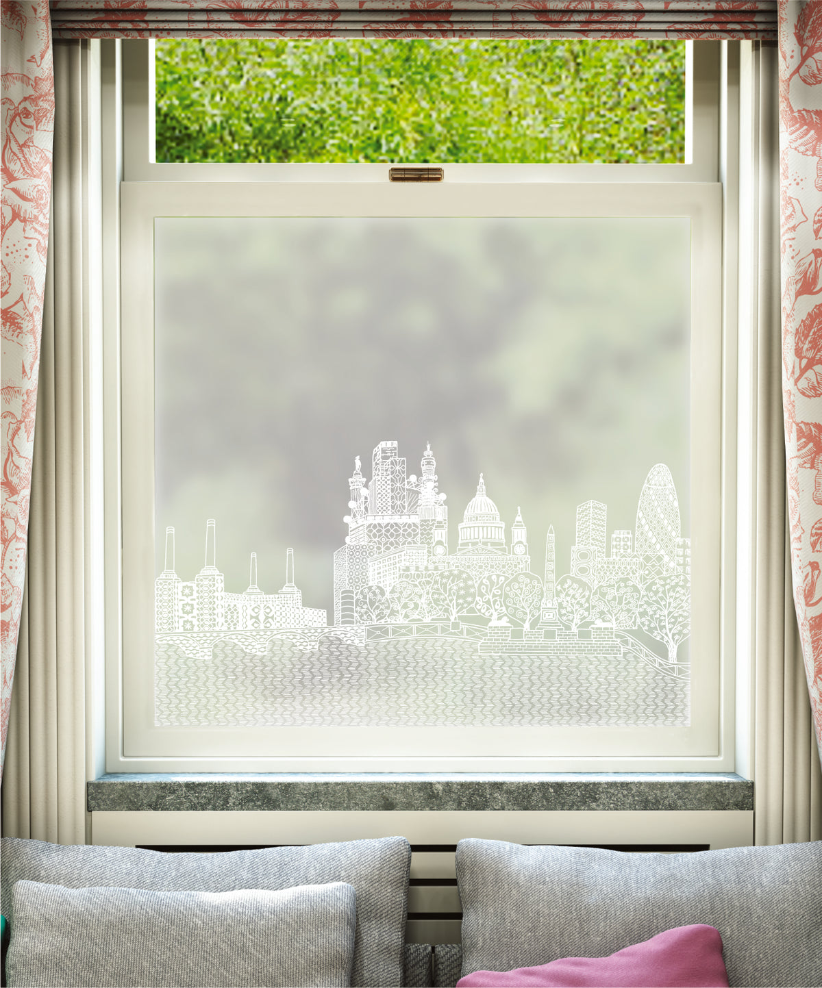 White printed frosted window film with London Calling hand-drawn London skyline pattern by designer Charlene Mullen.
