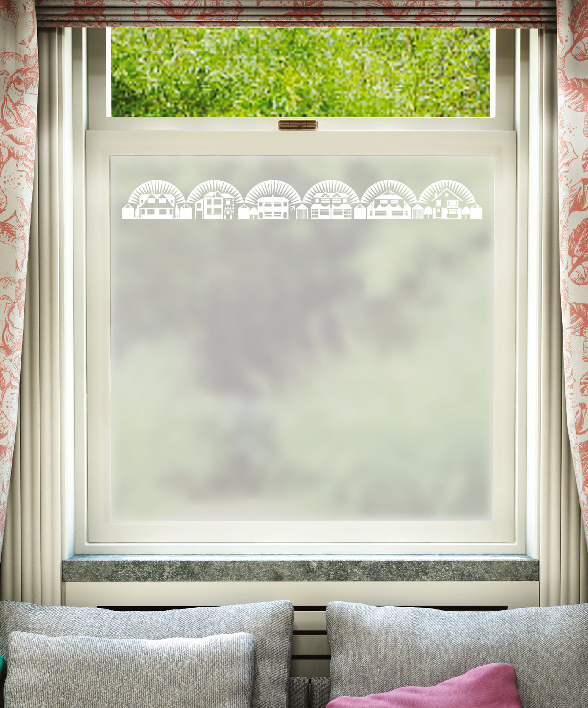 White printed frosted window film with Metroland Border retro pattern by designer Mini Moderns.