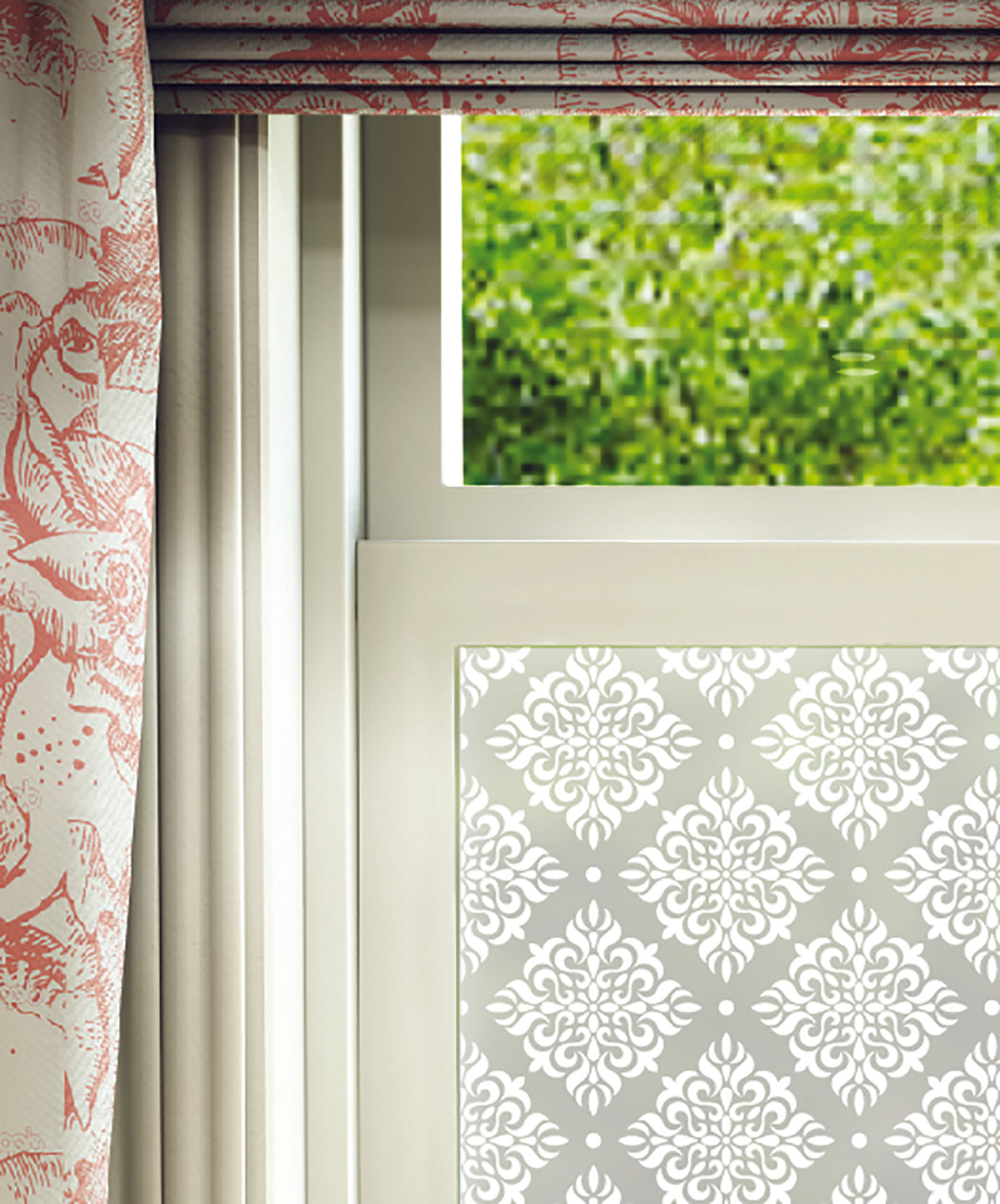 Close-up of Modello Victorian-style white printed frosted window film pattern.