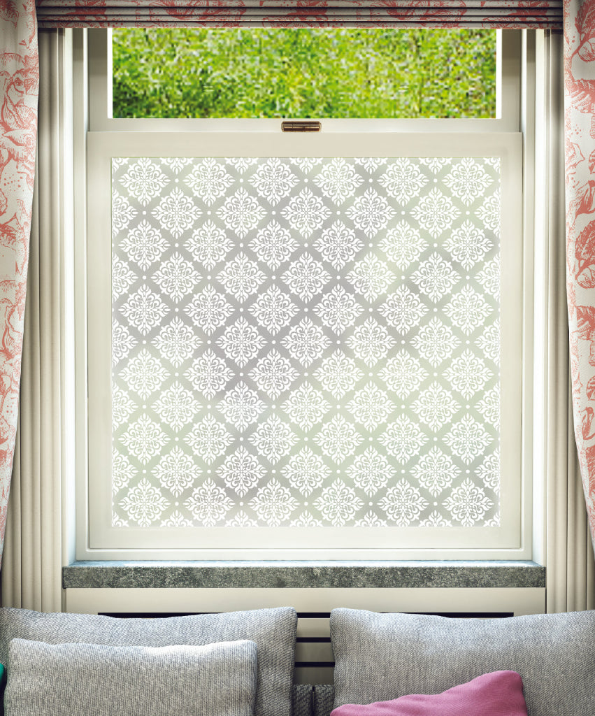 White printed frosted window film with Modello Victorian-style pattern