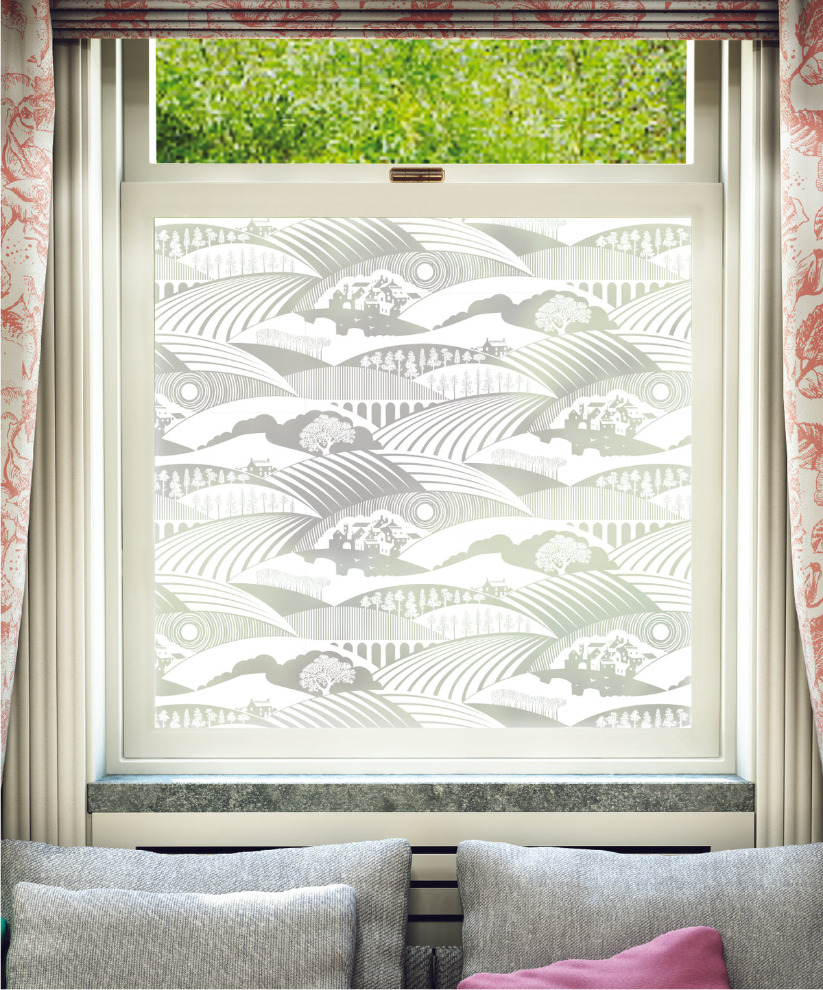 White printed frosted window film with Moordale Yorkshire pattern by designer Mini Moderns.