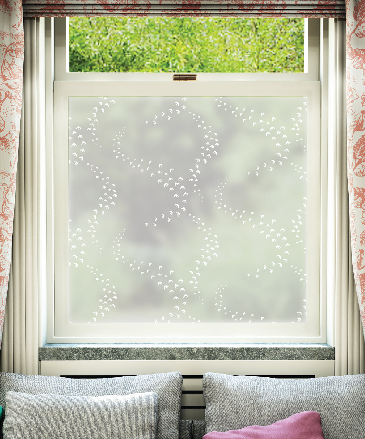 White printed frosted window film with Murmurations flocks of birds pattern by designer JoJo CoCo.