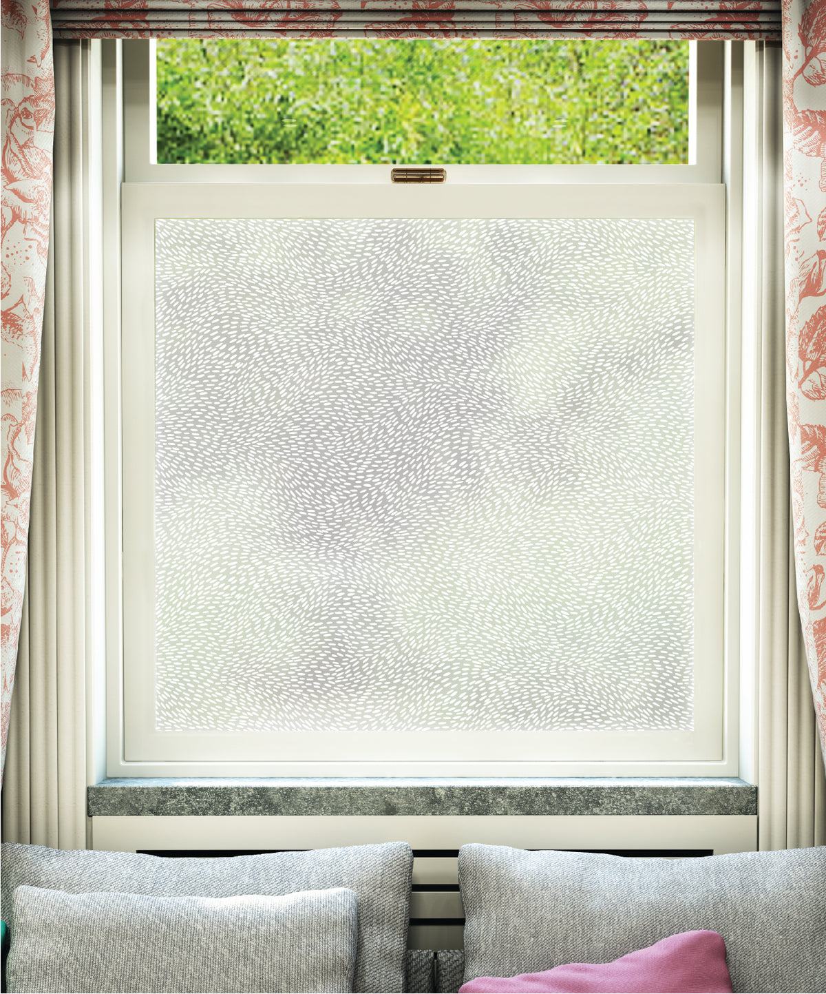 White printed frosted window film with Natures Way repeated pattern pattern by designer JoJo CoCo.