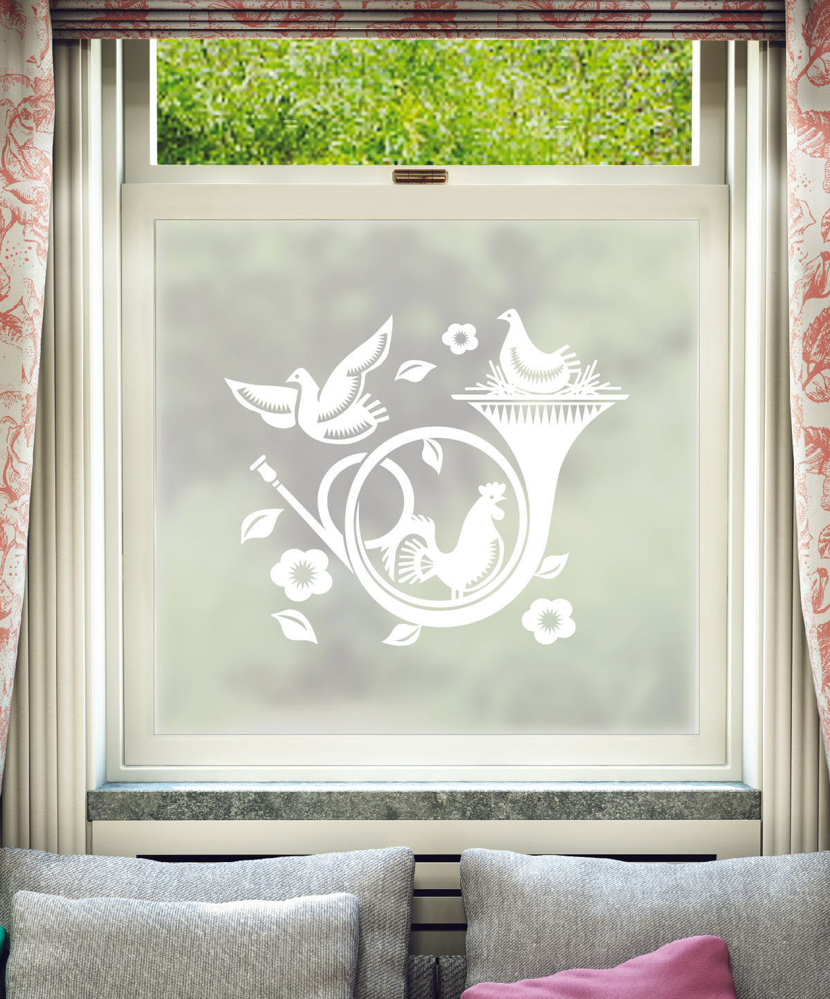 White printed frosted window film with Nest Single nature and music pattern by designer Mini Moderns.