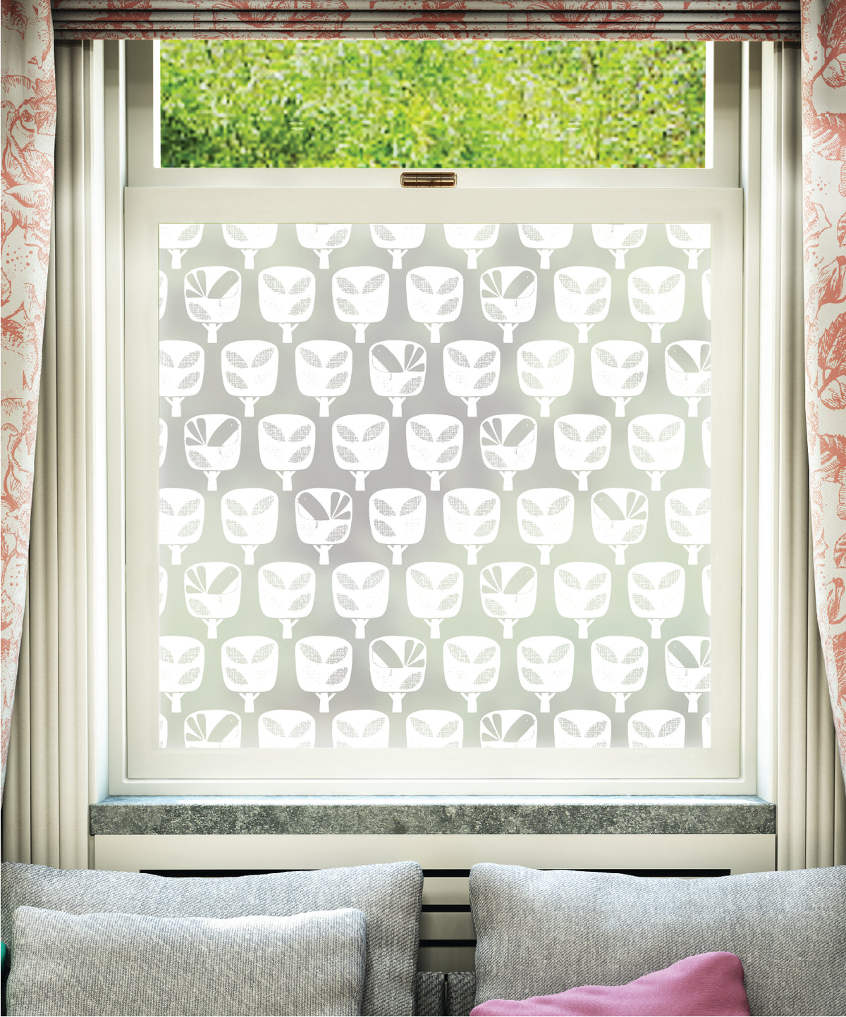 White printed frosted window film with Nesting Birds birds pattern by designer JoJo CoCo.