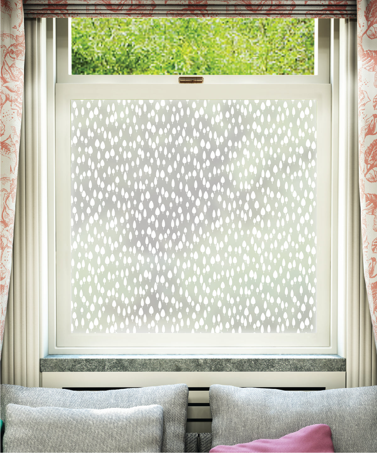White printed frosted window film with Never Too Many Trees repeated tree pattern pattern by designer JoJo CoCo.