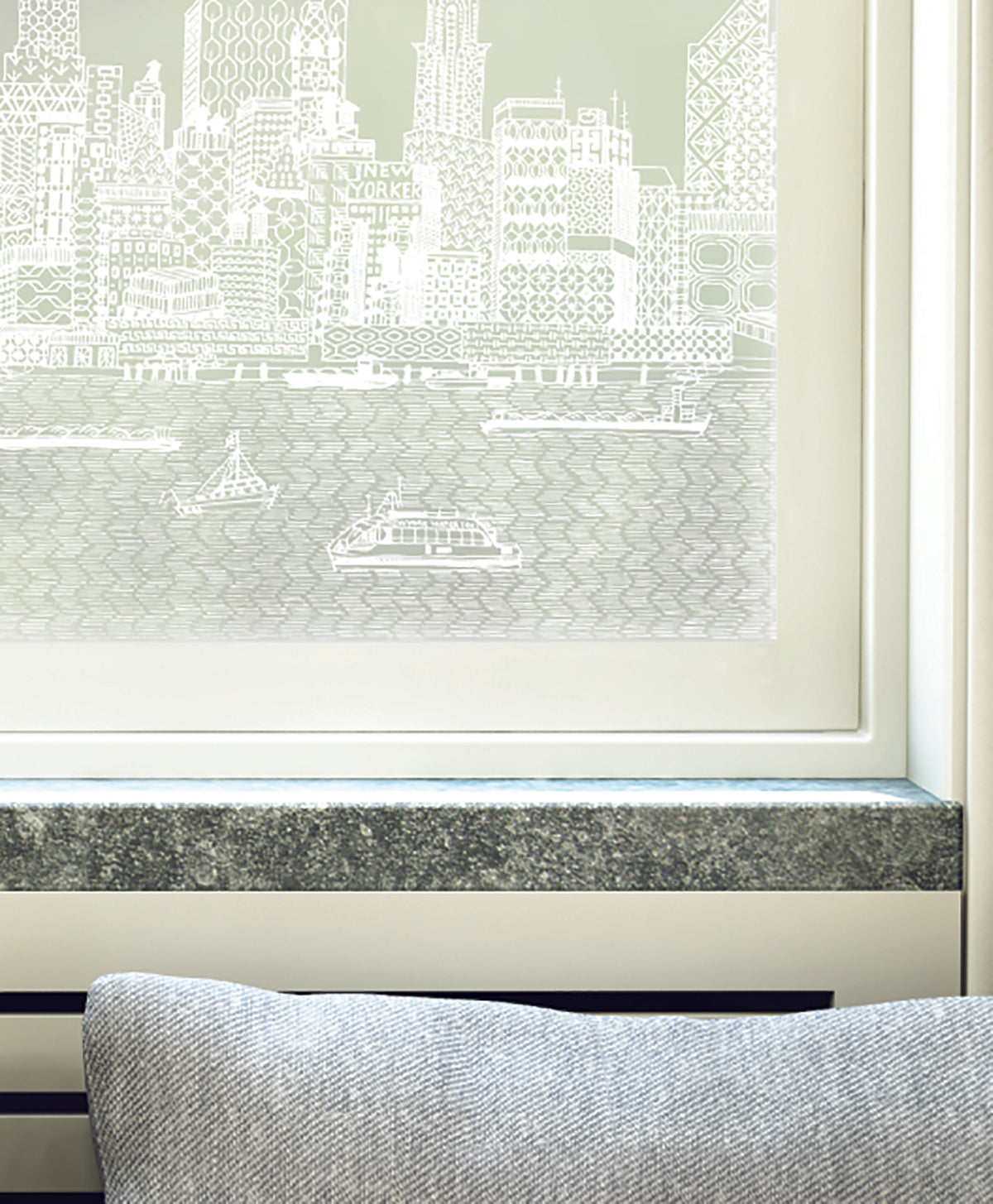 Close-up of New York hand-drawn city skyline frosted window film pattern by Charlene Mullen.
