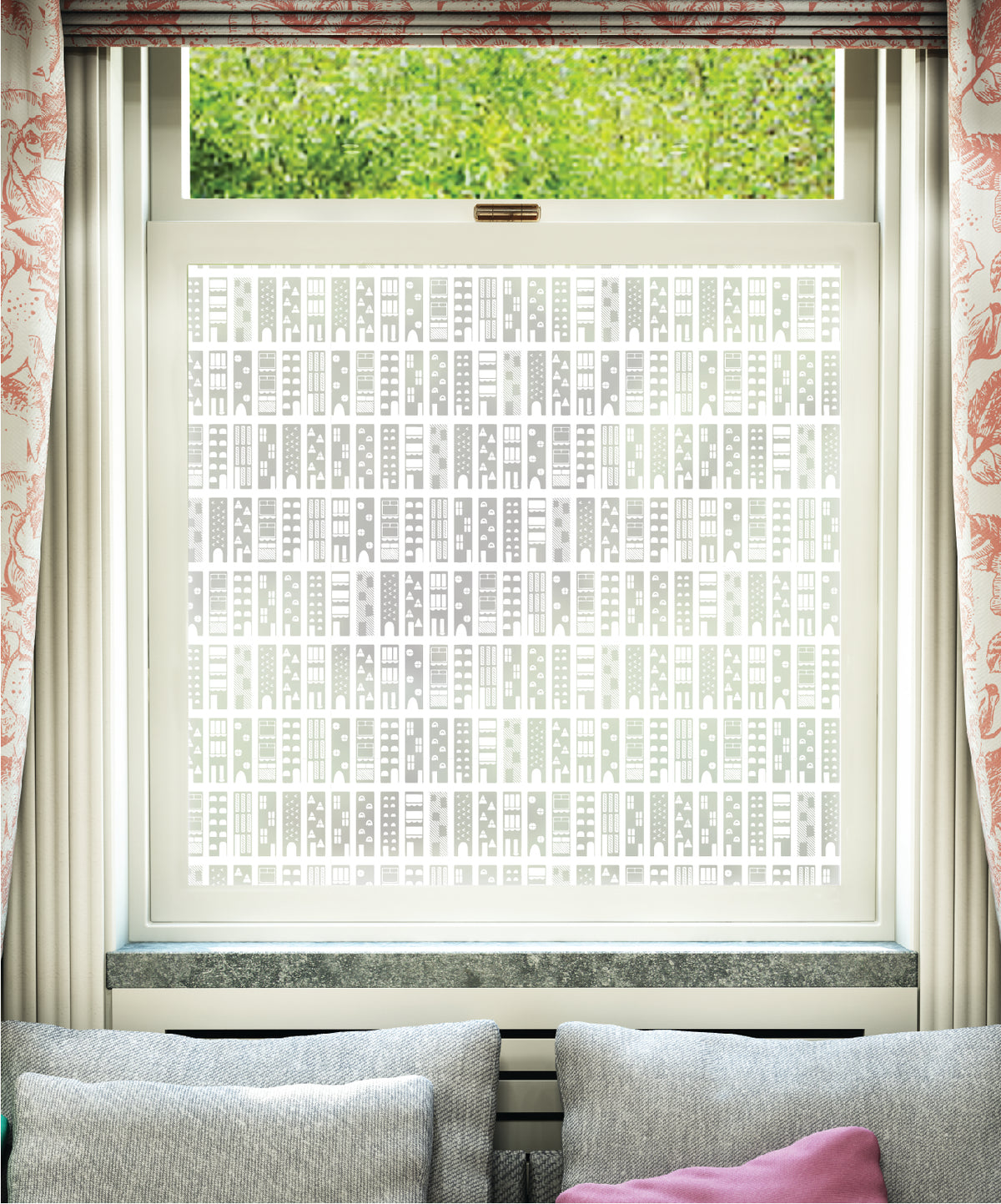 White printed frosted window film with Our Streets city street pattern pattern by designer JoJo CoCo.