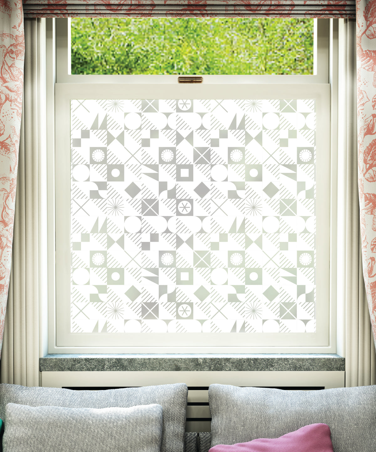 White printed frosted window film with Pairings geometric abstract pattern by designer Kate Farley.