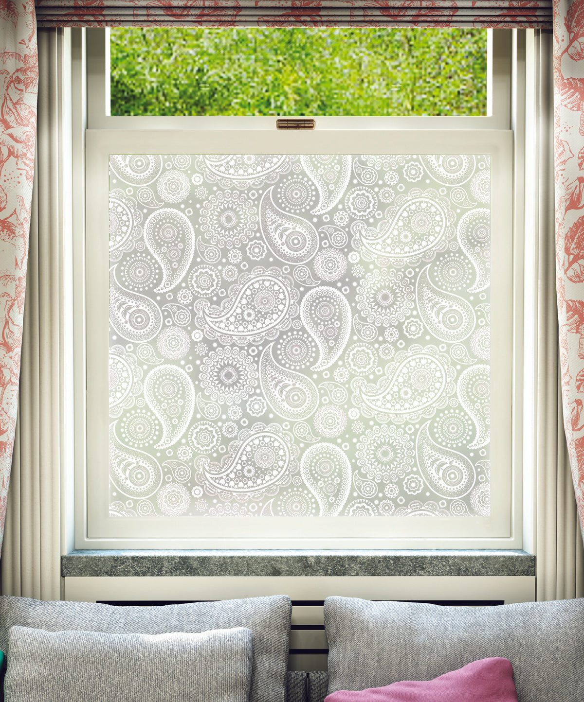 White printed frosted window film with Paisley Crescent Indian paisley pattern by designer Mini Moderns.
