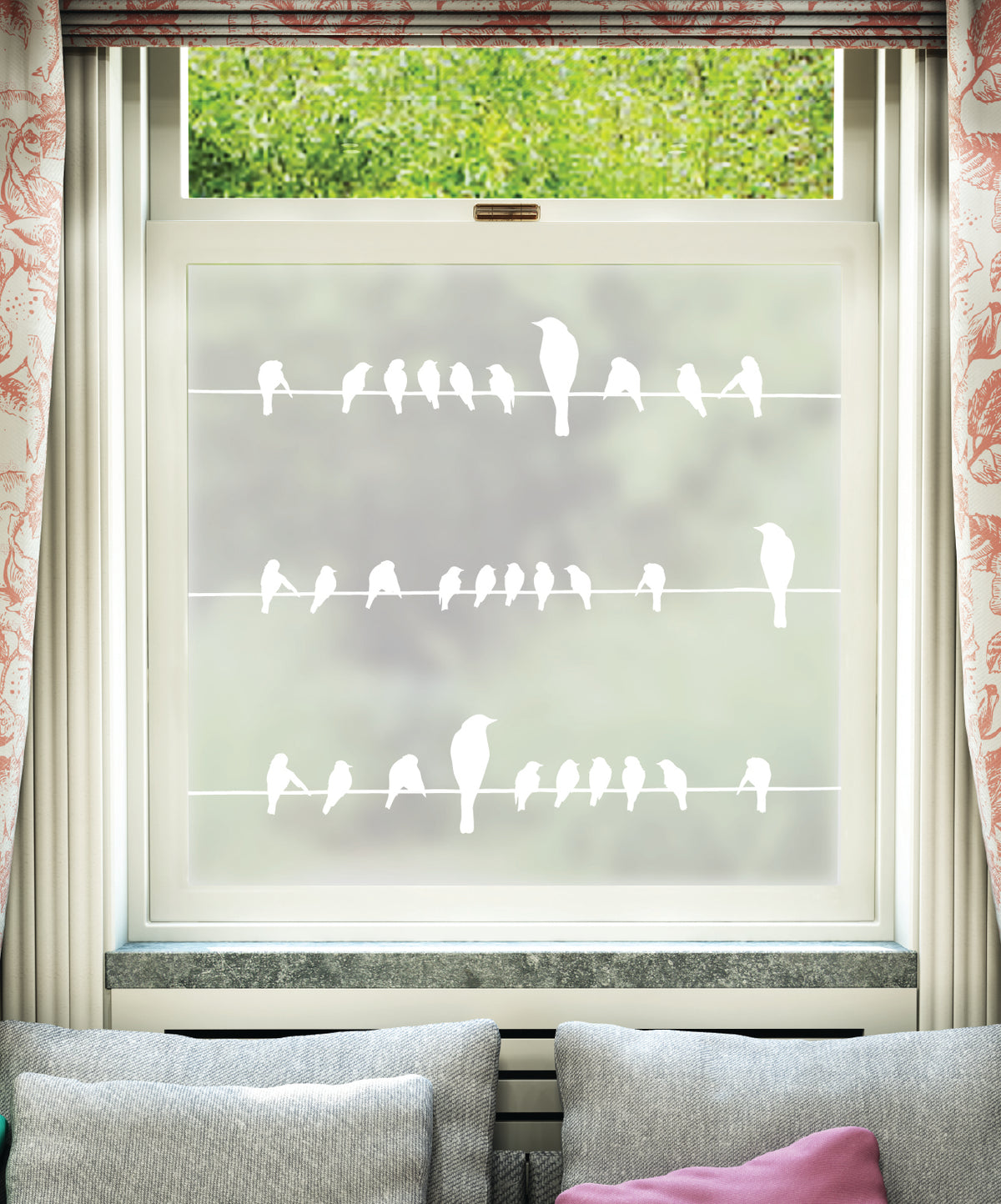 White printed frosted window film with Pajaros birds on a wire pattern.
