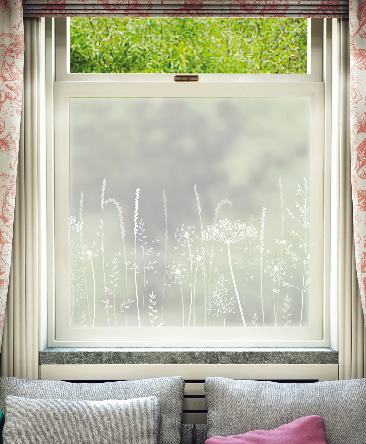 White printed frosted window film with Paper Meadows Edge delicate flowers pattern by designer Hannah Nunn.