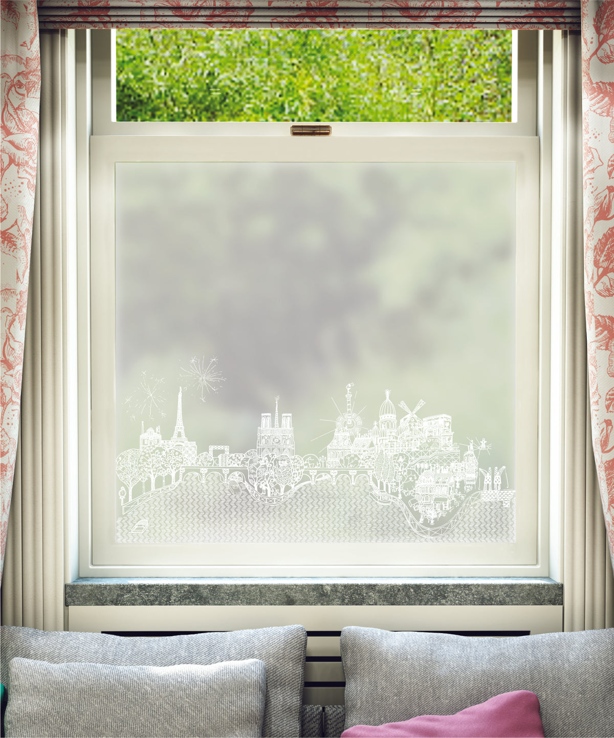 White printed frosted window film with Paris Calling hand-drawn Paris skyline pattern by designer Charlene Mullen.