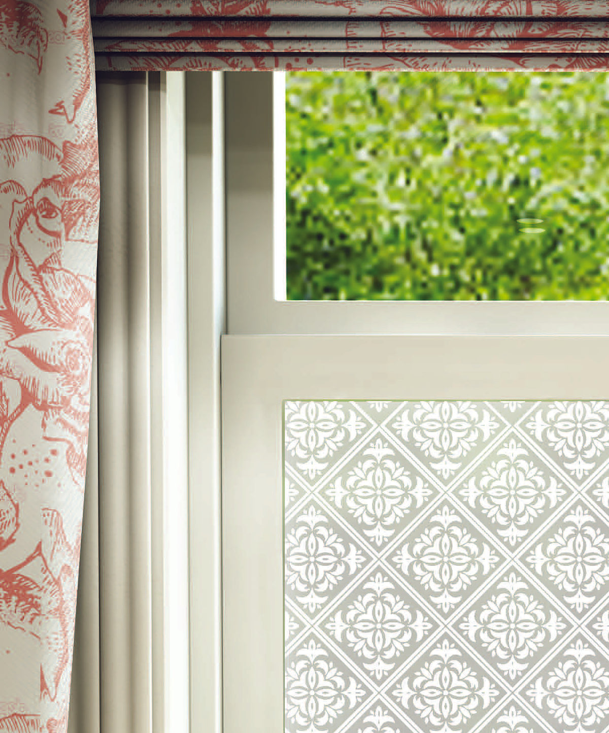 Close-up of Patro Victorian-style white printed frosted window film pattern.