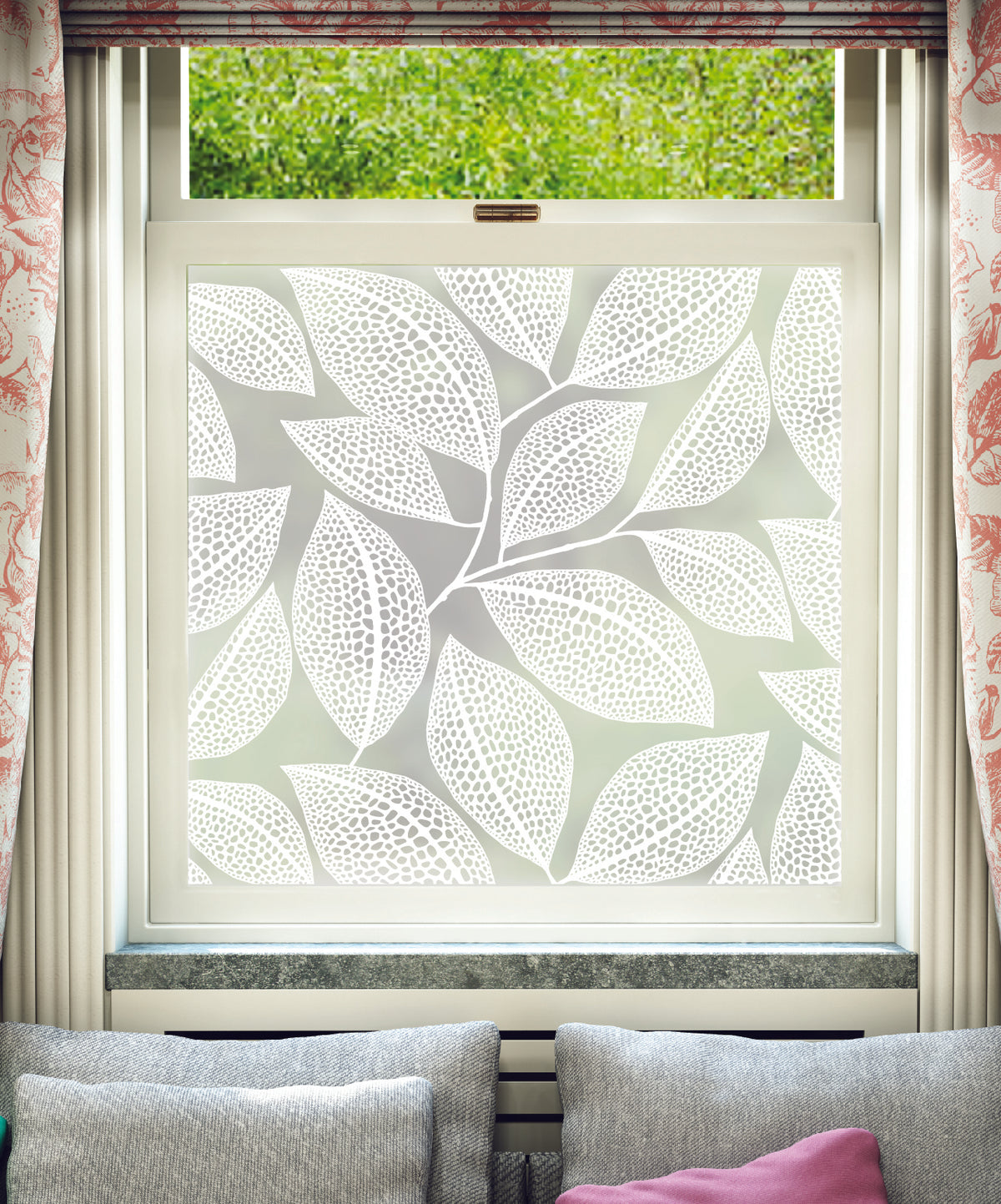 White printed frosted window film with Pebble Leaf pattern by designer MissPrint.