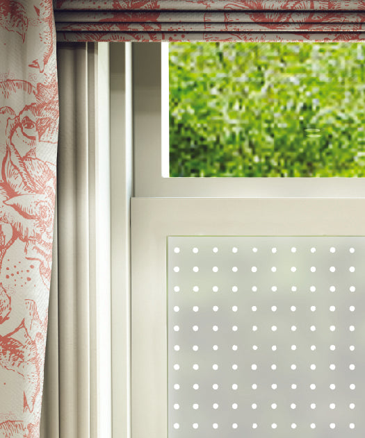 Close-up of Peggy peg board frosted window film pattern by designer Mini Moderns.
