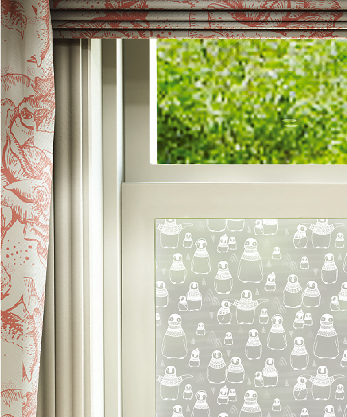 Close-up of Penguin Waddle hand-drawn frosted window film pattern by Helen Russell Creations.