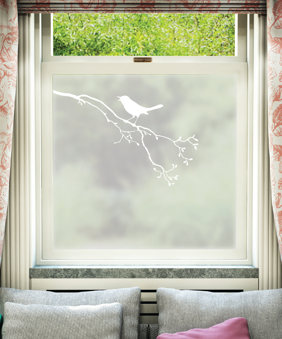 White printed frosted window film with Perca bird on a branch pattern.