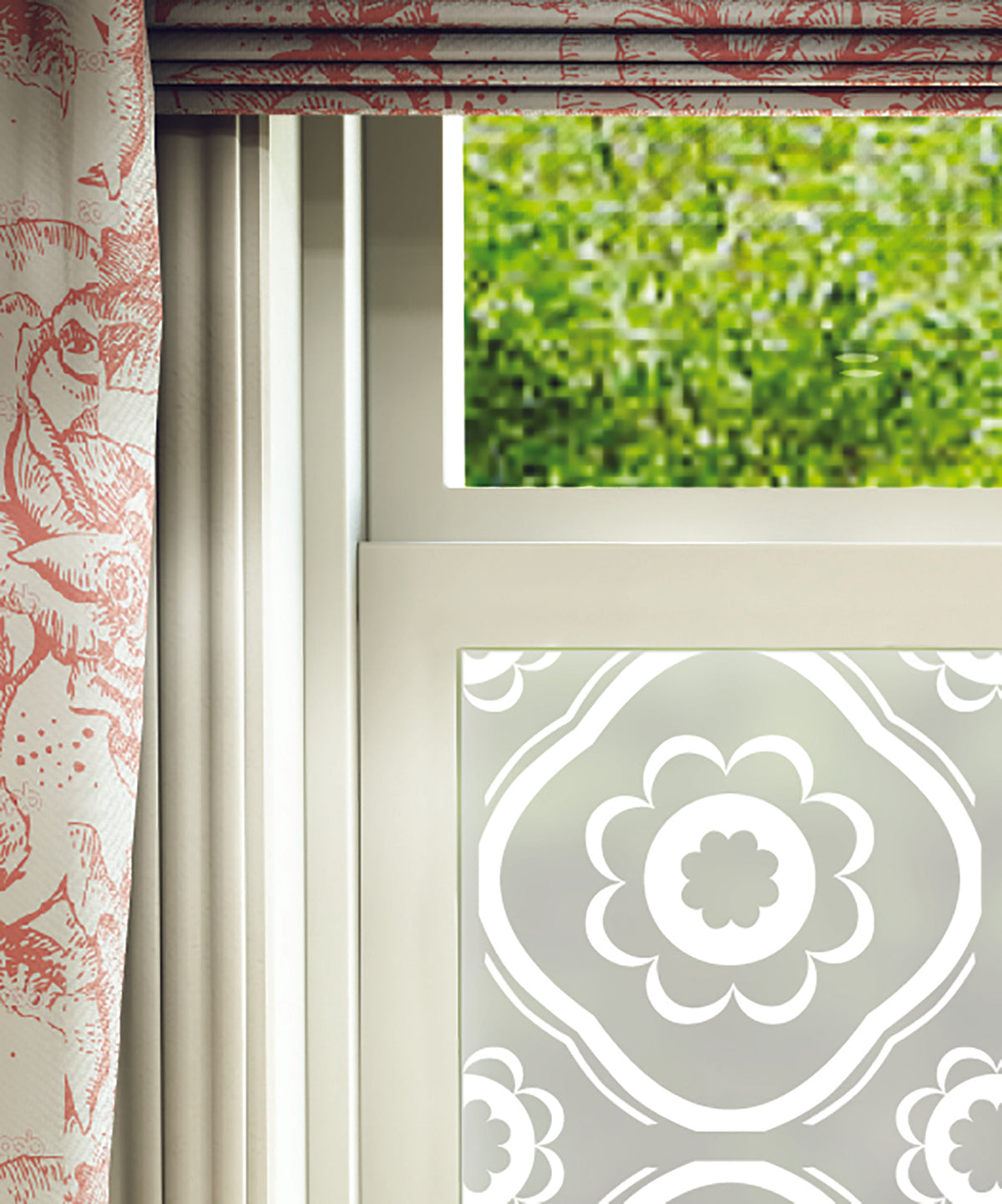 Close-up of Petalos Victorian-style flower white printed frosted window film pattern.